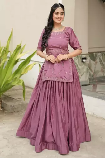 purple chinon plain designer lehenga-choli