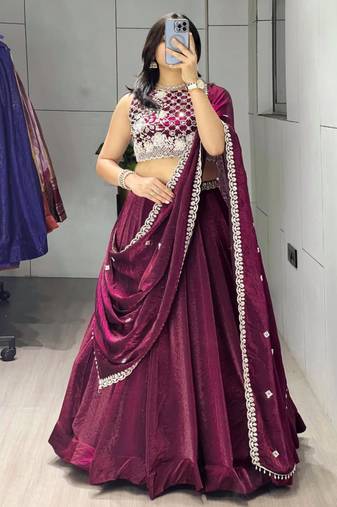 wine silk blend plain traditional lehenga-choli
