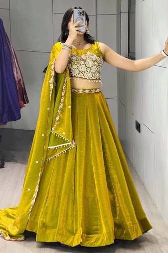 dark yellow silk blend plain traditional lehenga-choli