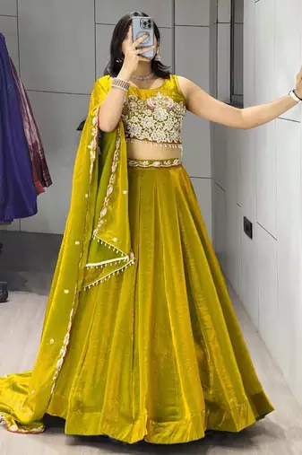 dark yellow silk blend plain traditional lehenga-choli