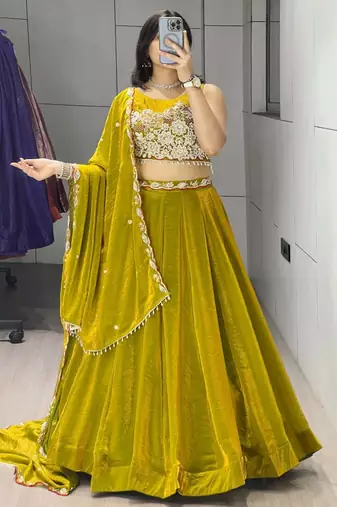 dark yellow silk blend plain traditional lehenga-choli