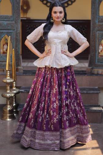 wine jacquard embroidered traditional lehenga-choli with free size upto 44