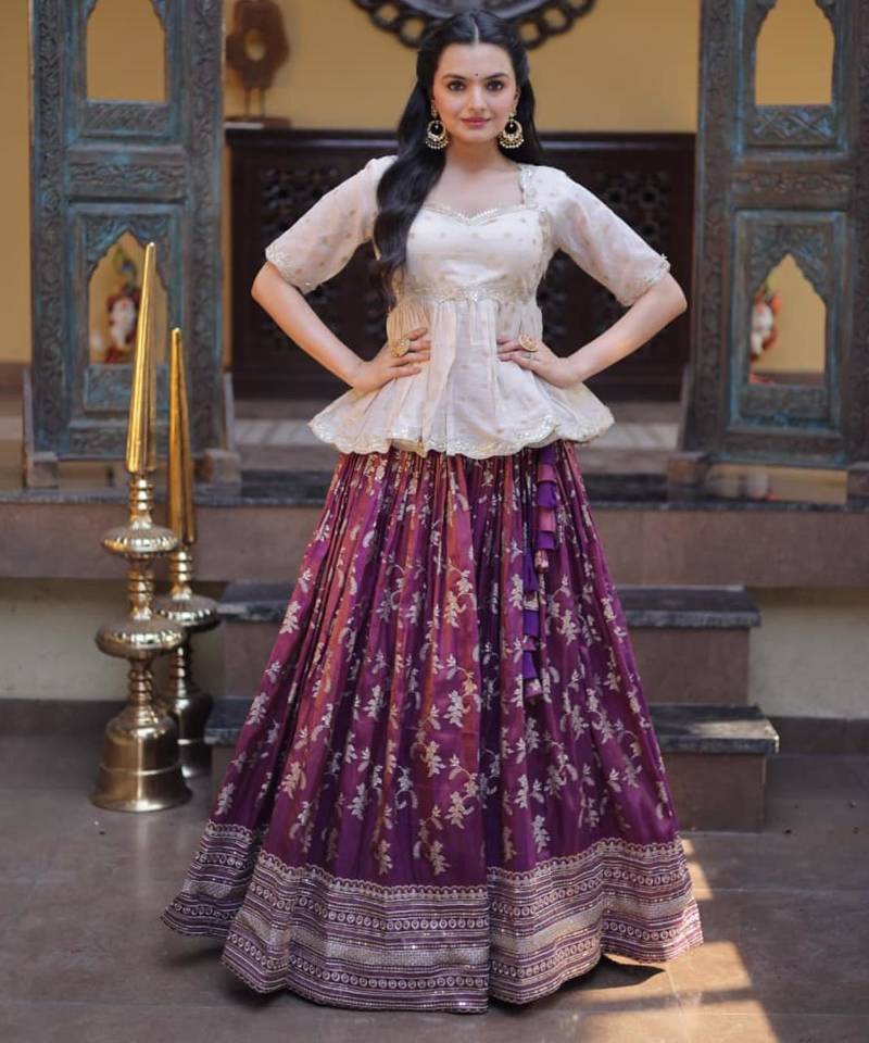 wine jacquard embroidered traditional lehenga-choli