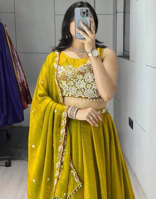 dark yellow silk blend plain traditional lehenga-choli 3