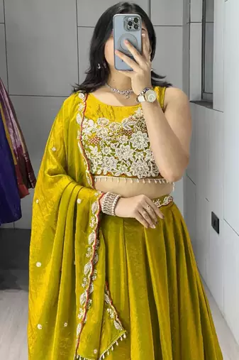 dark yellow silk blend plain traditional lehenga-choli