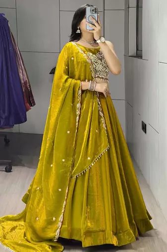 dark yellow silk blend plain traditional lehenga-choli