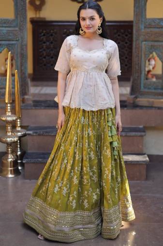 green jacquard embroidered traditional lehenga-choli