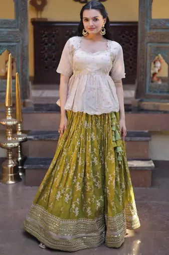 green jacquard embroidered traditional lehenga-choli