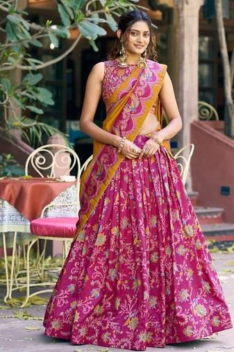 pink art silk floral printed navratri lehenga choli