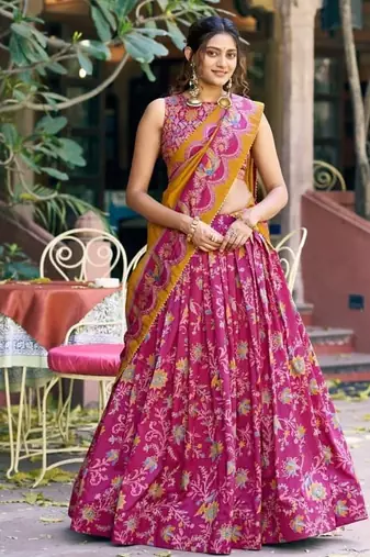 pink art silk floral printed navratri lehenga choli