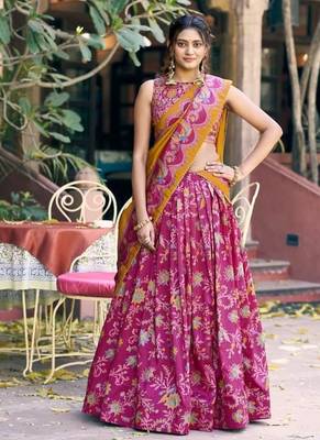 pink art silk floral printed navratri lehenga choli 3