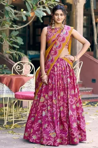pink art silk floral printed navratri lehenga choli