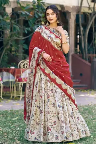 white art silk floral printed navratri lehenga choli
