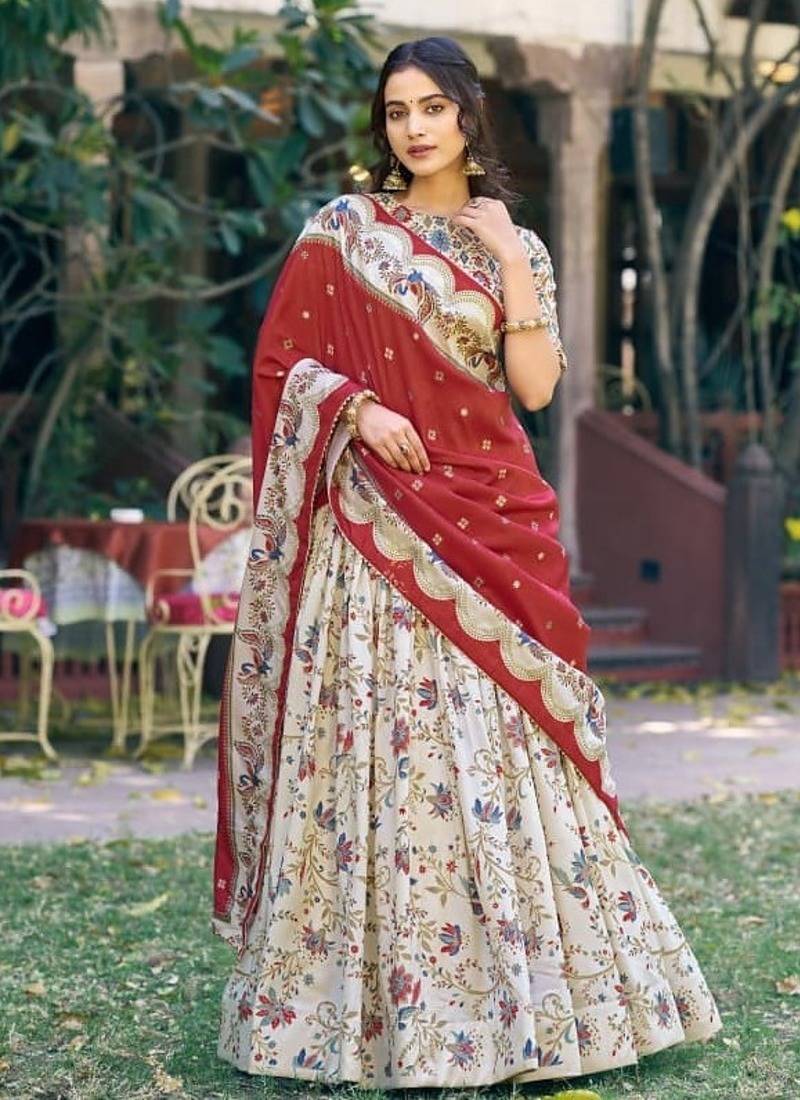 white art silk floral printed navratri lehenga choli