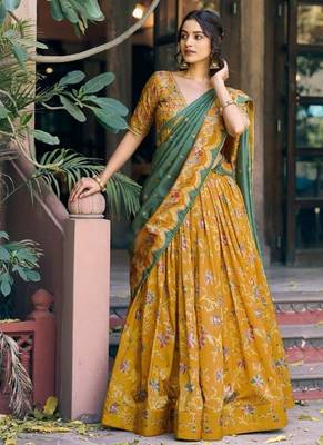 mustard art silk floral print navratri lehenga choli 1
