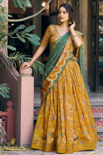 mustard art silk floral print navratri lehenga choli