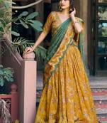mustard art silk floral print navratri lehenga choli
