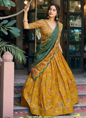 mustard art silk floral print navratri lehenga choli 2