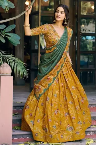mustard art silk floral print navratri lehenga choli