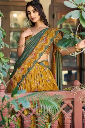 mustard art silk floral print navratri lehenga choli