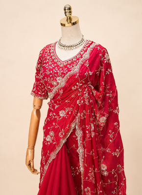 Red silver bead & sequin embroidered fendi silk designer saree with unstitched blouse for wedding & party wear 5