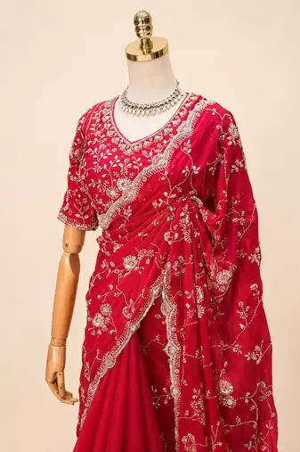 Red silver bead & sequin embroidered fendi silk designer saree with unstitched blouse for wedding & party wear