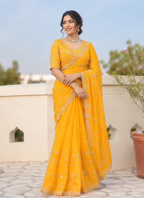 Yellow  silver bead & sequin embroidered fendi silk designer saree with unstitched blouse for wedding & party wear 1