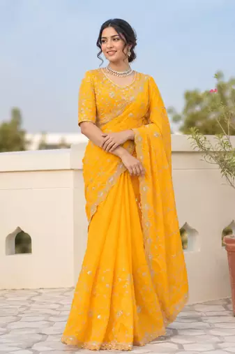 Yellow  silver bead & sequin embroidered fendi silk designer saree with unstitched blouse for wedding & party wear