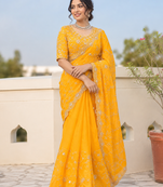 Yellow  silver bead & sequin embroidered fendi silk designer saree with unstitched blouse for wedding & party wear