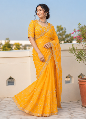 Yellow  silver bead & sequin embroidered fendi silk designer saree with unstitched blouse for wedding & party wear 2