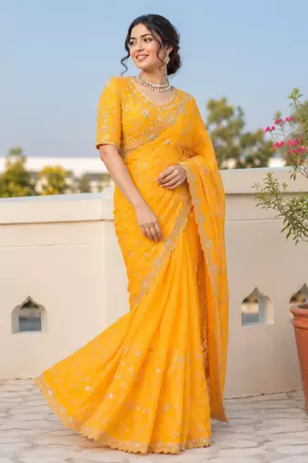 Yellow  silver bead & sequin embroidered fendi silk designer saree with unstitched blouse for wedding & party wear