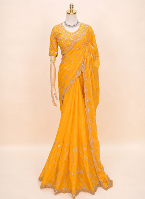 Yellow  silver bead & sequin embroidered fendi silk designer saree with unstitched blouse for wedding & party wear 3