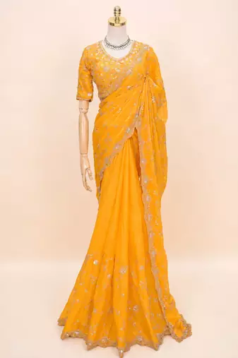 Yellow  silver bead & sequin embroidered fendi silk designer saree with unstitched blouse for wedding & party wear