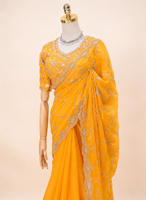 Yellow  silver bead & sequin embroidered fendi silk designer saree with unstitched blouse for wedding & party wear 4