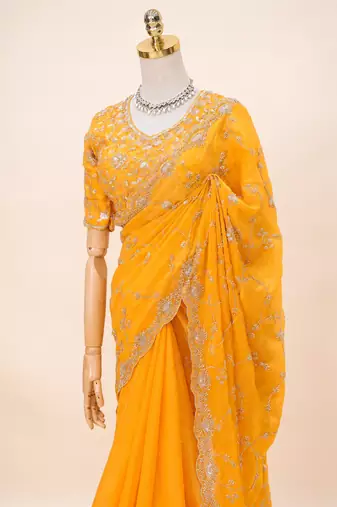 Yellow  silver bead & sequin embroidered fendi silk designer saree with unstitched blouse for wedding & party wear