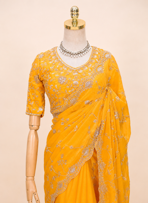 Yellow  silver bead & sequin embroidered fendi silk designer saree with unstitched blouse for wedding & party wear 5