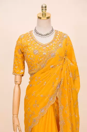 Yellow  silver bead & sequin embroidered fendi silk designer saree with unstitched blouse for wedding & party wear