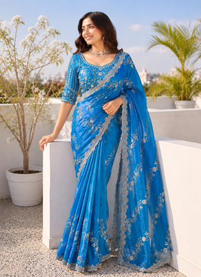 Teal blue silver bead & sequin embroidered fendi silk designer saree with unstitched blouse for wedding & party wear 1