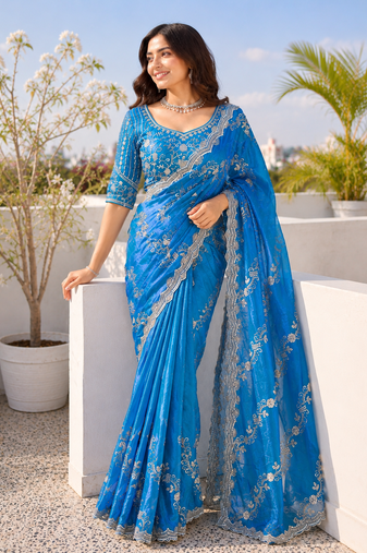 Teal blue silver bead & sequin embroidered fendi silk designer saree with unstitched blouse for wedding & party wear