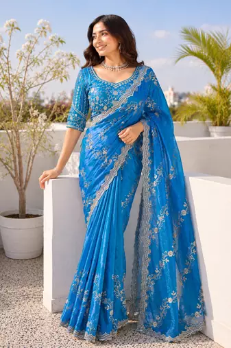 Teal blue silver bead & sequin embroidered fendi silk designer saree with unstitched blouse for wedding & party wear