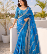 Teal blue silver bead & sequin embroidered fendi silk designer saree with unstitched blouse for wedding & party wear