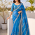 Teal blue silver bead & sequin embroidered fendi silk designer saree with unstitched blouse for wedding & party wear