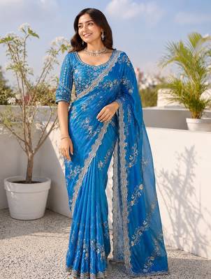 Teal blue silver bead & sequin embroidered fendi silk designer saree with unstitched blouse for wedding & party wear 2