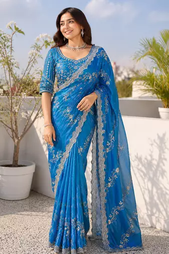 Teal blue silver bead & sequin embroidered fendi silk designer saree with unstitched blouse for wedding & party wear
