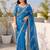 Teal blue silver bead & sequin embroidered fendi silk designer saree with unstitched blouse for wedding & party wear