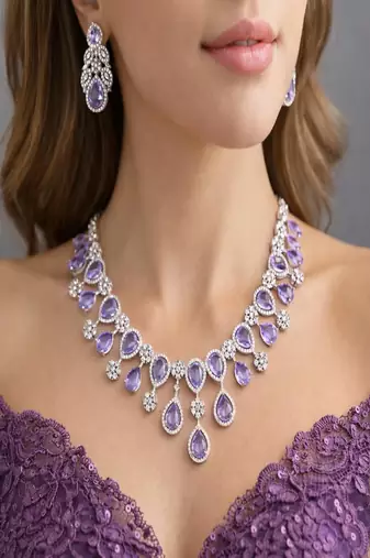 Lavender Amethyst Pear-Cut Necklace Earring Set | Silver Finish Bridal Jewelry