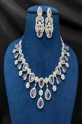 Lavender Amethyst Pear-Cut Necklace Earring Set | Silver Finish Bridal Jewelry