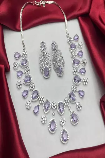 Lavender Amethyst Pear-Cut Necklace Earring Set | Silver Finish Bridal Jewelry