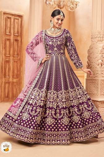 wine colour foil work art silk anarkali gown
