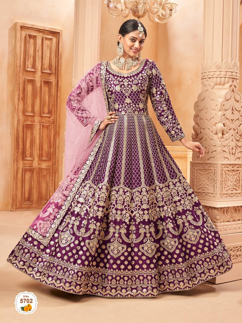 wine colour foil work art silk anarkali gown